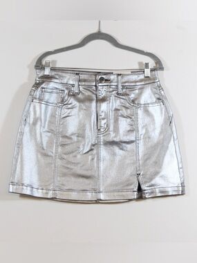 Juniors' SO® Shine Silver Metallic High-Rise Mini Skirt NWT